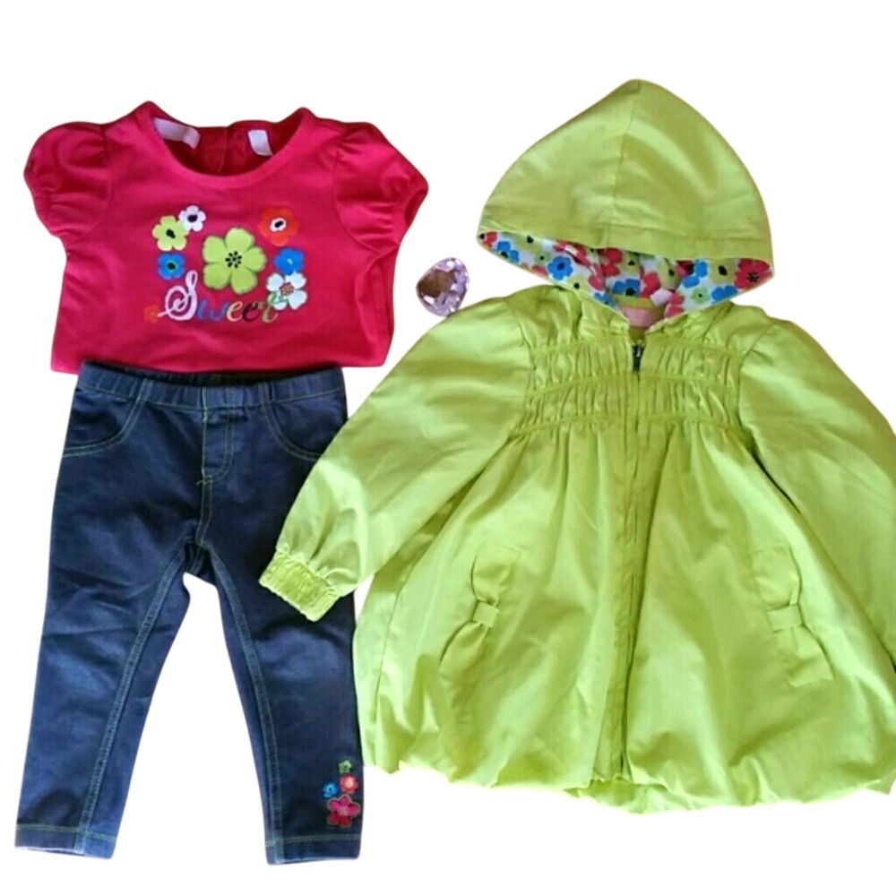 Kids Headquarters 3 Piece Floral Set- Jacket, Denim Leggings, Pink Shirt